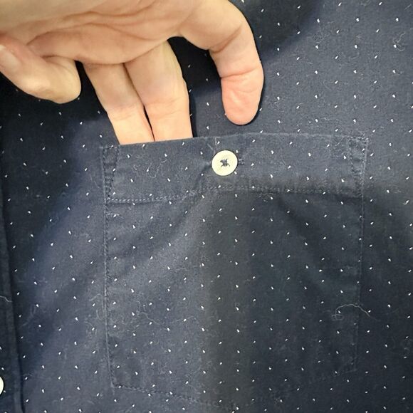 Denim & Flower Ricky Singh Men's L Shirt Navy Blue White Pin Dot Slim Fit Cotton - Picture 5 of 16